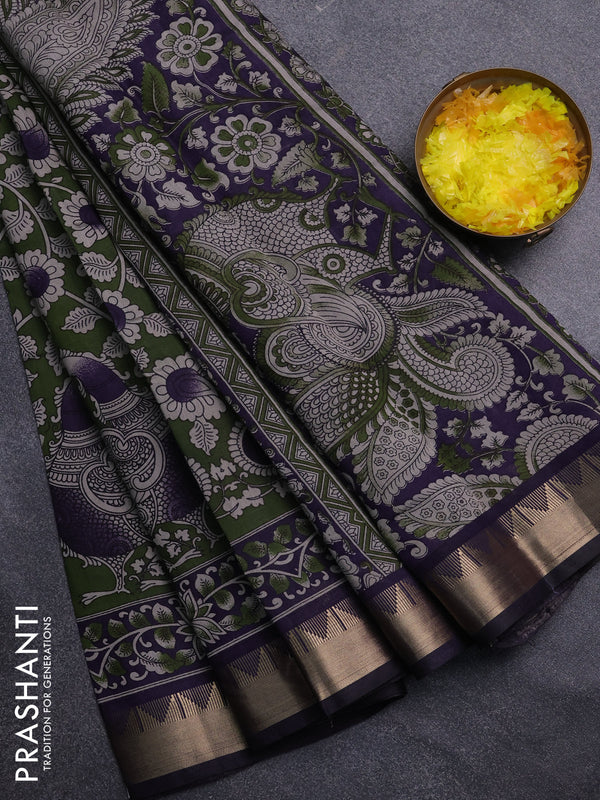 Semi maheswari cotton saree sap green and navy blue with allover kalamkari prints and zari woven border
