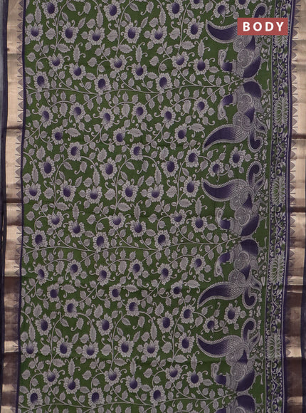 Semi maheswari cotton saree sap green and navy blue with allover kalamkari prints and zari woven border