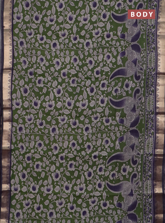 Semi maheswari cotton saree sap green and navy blue with allover kalamkari prints and zari woven border