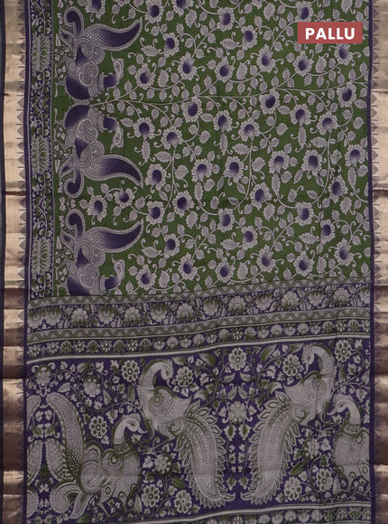 Semi maheswari cotton saree sap green and navy blue with allover kalamkari prints and zari woven border