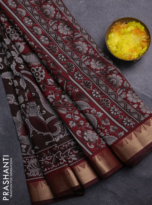 Semi maheswari cotton saree coffee brown and maroon with allover kalamkari prints and zari woven border