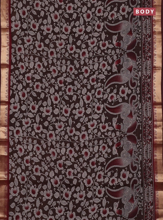 Semi maheswari cotton saree coffee brown and maroon with allover kalamkari prints and zari woven border