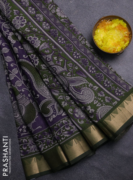 Semi maheswari cotton saree purple and sap green with allover kalamkari prints and zari woven border