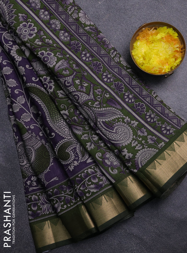 Semi maheswari cotton saree purple and sap green with allover kalamkari prints and zari woven border
