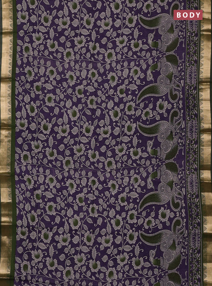 Semi maheswari cotton saree purple and sap green with allover kalamkari prints and zari woven border