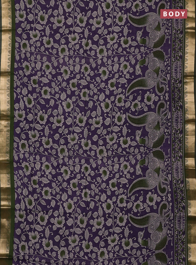 Semi maheswari cotton saree purple and sap green with allover kalamkari prints and zari woven border