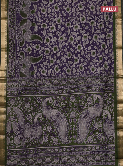 Semi maheswari cotton saree purple and sap green with allover kalamkari prints and zari woven border