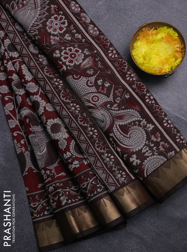 Semi maheswari cotton saree maroon and coffee brown with allover kalamkari prints and zari woven border