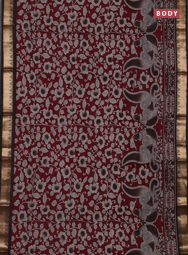 Semi maheswari cotton saree maroon and coffee brown with allover kalamkari prints and zari woven border