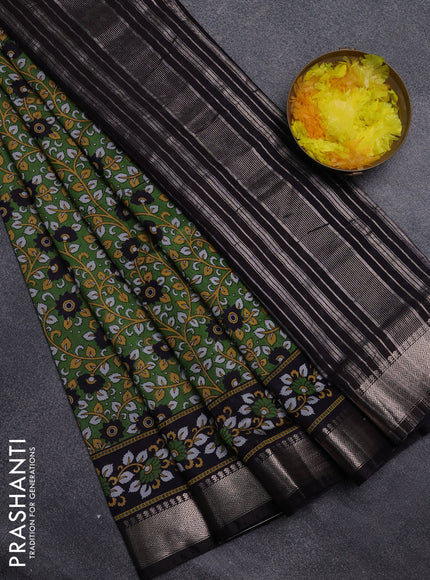 Semi maheswari cotton saree green and coffee brown with allover prints and zari woven border