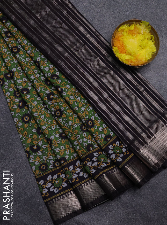 Semi maheswari cotton saree green and coffee brown with allover prints and zari woven border