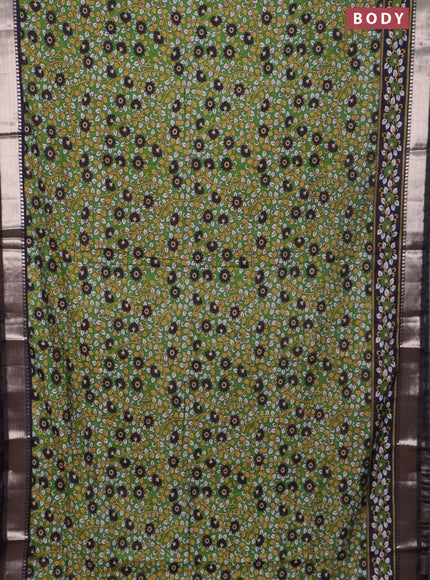 Semi maheswari cotton saree green and coffee brown with allover prints and zari woven border