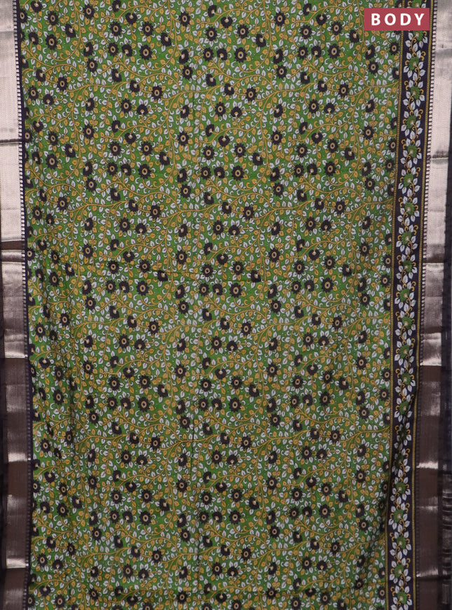 Semi maheswari cotton saree green and coffee brown with allover prints and zari woven border