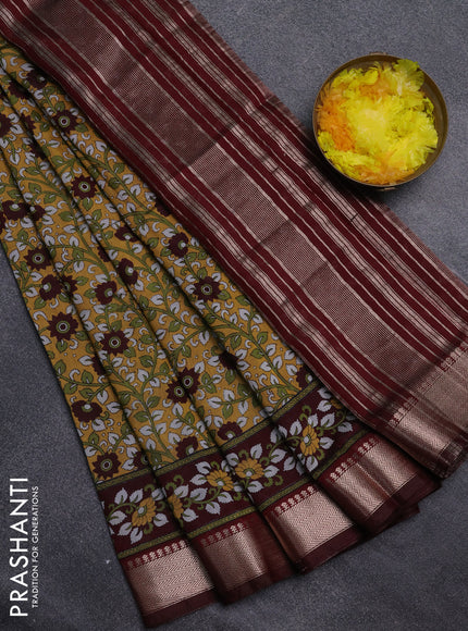 Semi maheswari cotton saree mustard yellow and maroon with allover prints and zari woven border