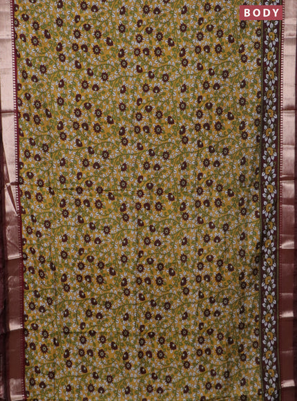 Semi maheswari cotton saree mustard yellow and maroon with allover prints and zari woven border