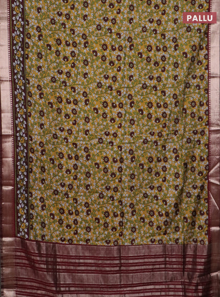 Semi maheswari cotton saree mustard yellow and maroon with allover prints and zari woven border