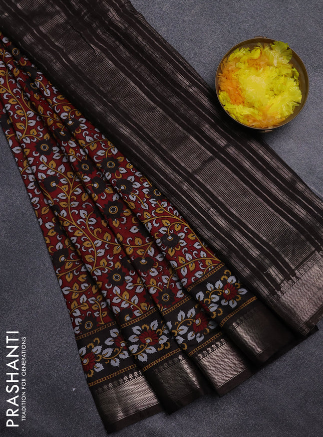 Semi maheswari cotton saree maroon and coffee brown with allover prints and zari woven border