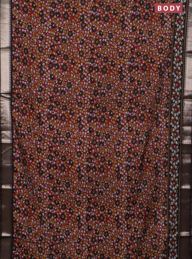 Semi maheswari cotton saree maroon and coffee brown with allover prints and zari woven border