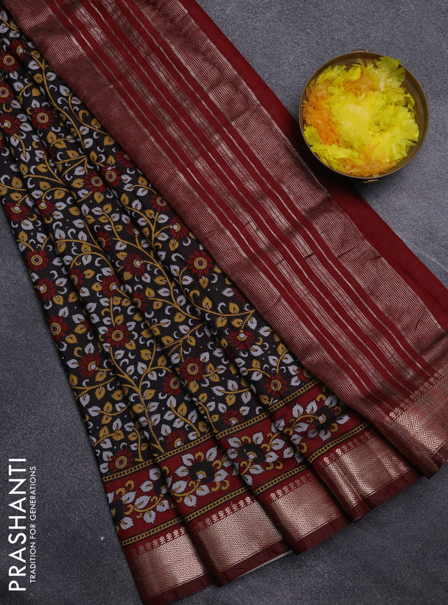 Semi maheswari cotton saree coffee brown and maroon with allover prints and zari woven border