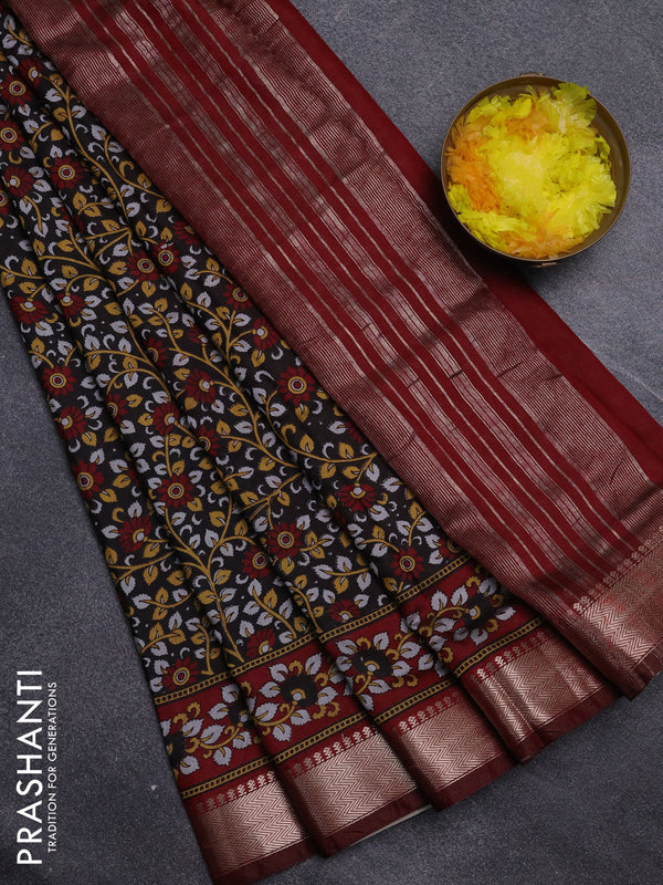 Semi maheswari cotton saree coffee brown and maroon with allover prints and zari woven border