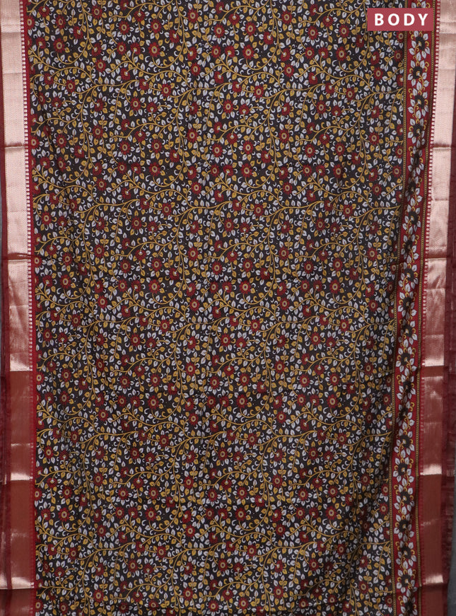Semi maheswari cotton saree coffee brown and maroon with allover prints and zari woven border
