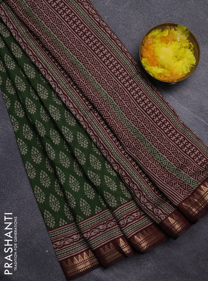 Semi maheswari cotton saree sap green and maroon with allover butta prints and zari woven border