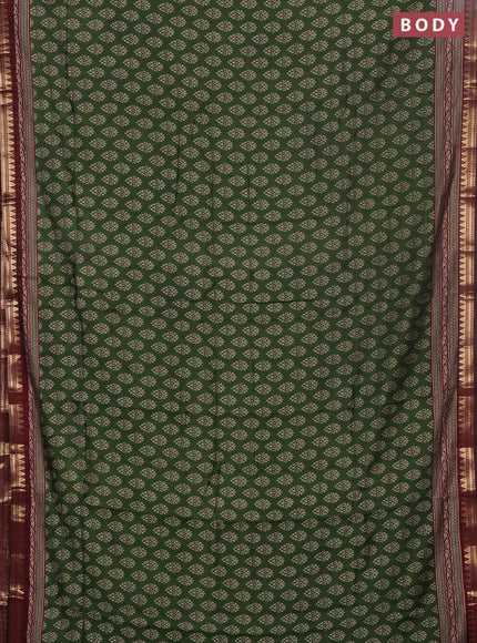 Semi maheswari cotton saree sap green and maroon with allover butta prints and zari woven border