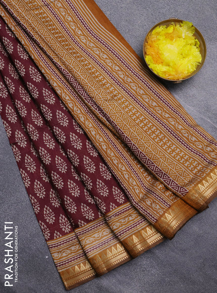 Semi maheswari cotton saree deep maroon and dark mustard with allover butta prints and zari woven border