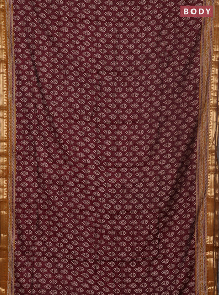 Semi maheswari cotton saree deep maroon and dark mustard with allover butta prints and zari woven border