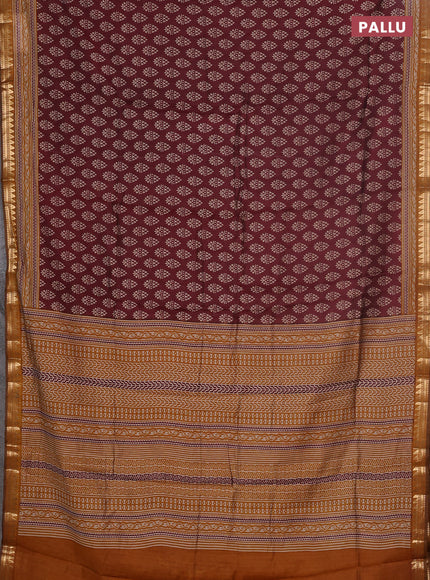 Semi maheswari cotton saree deep maroon and dark mustard with allover butta prints and zari woven border