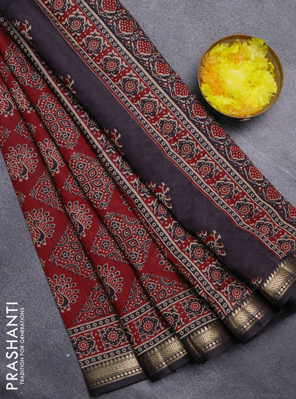 Semi maheswari cotton saree maroon and coffee brown with allover ajrakh prints and zari woven border