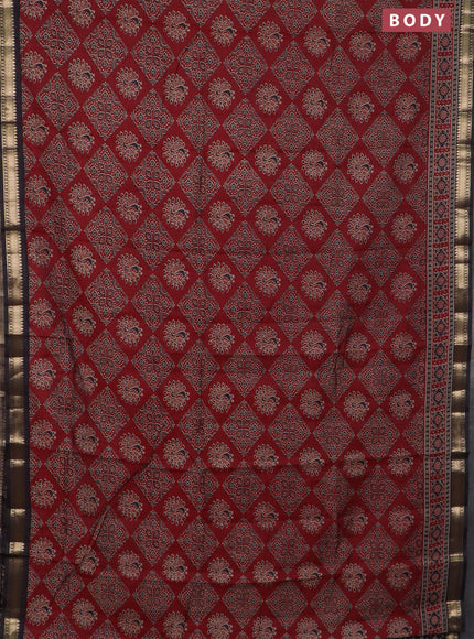 Semi maheswari cotton saree maroon and coffee brown with allover ajrakh prints and zari woven border