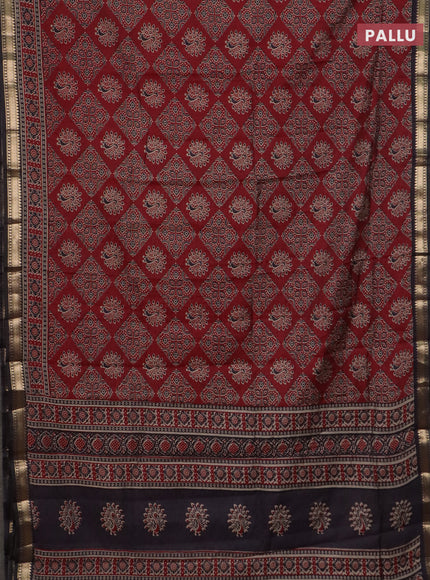 Semi maheswari cotton saree maroon and coffee brown with allover ajrakh prints and zari woven border
