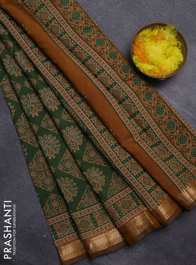 Semi maheswari cotton saree sap green and dark mustard with allover ajrakh prints and zari woven border