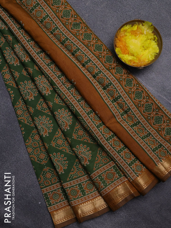 Semi maheswari cotton saree sap green and dark mustard with allover ajrakh prints and zari woven border
