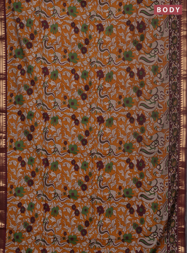 Semi maheswari cotton saree sap green and dark mustard with allover ajrakh prints and zari woven border