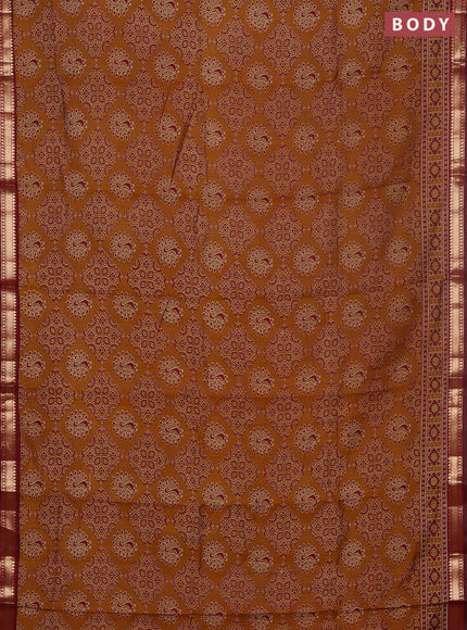Semi maheswari cotton saree dark mustard and maroon with allover ajrakh prints and zari woven border