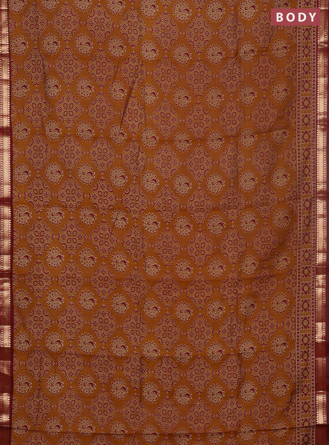 Semi maheswari cotton saree dark mustard and maroon with allover ajrakh prints and zari woven border