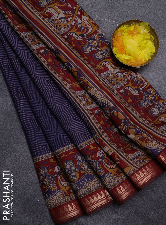 Semi maheswari cotton saree navy blue and maroon with allover geomatric prints and zari woven border