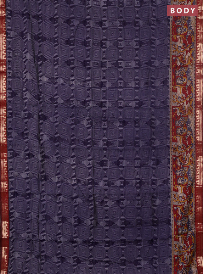 Semi maheswari cotton saree navy blue and maroon with allover geomatric prints and zari woven border
