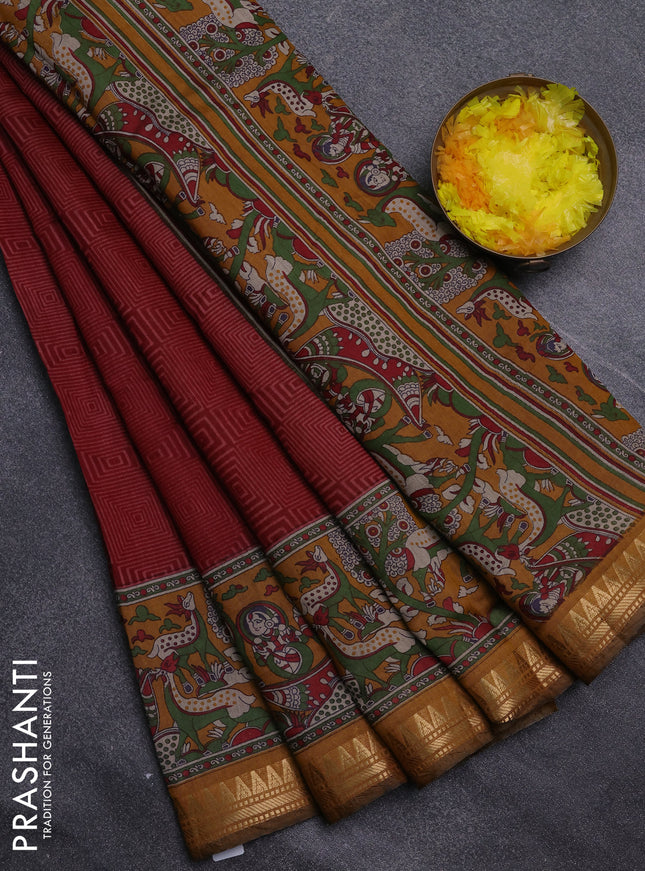 Semi maheswari cotton saree maroon and dark mustard with allover geomatric prints and zari woven border