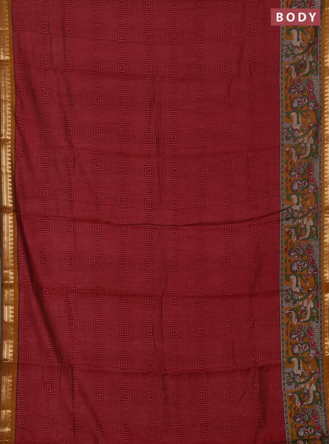 Semi maheswari cotton saree maroon and dark mustard with allover geomatric prints and zari woven border