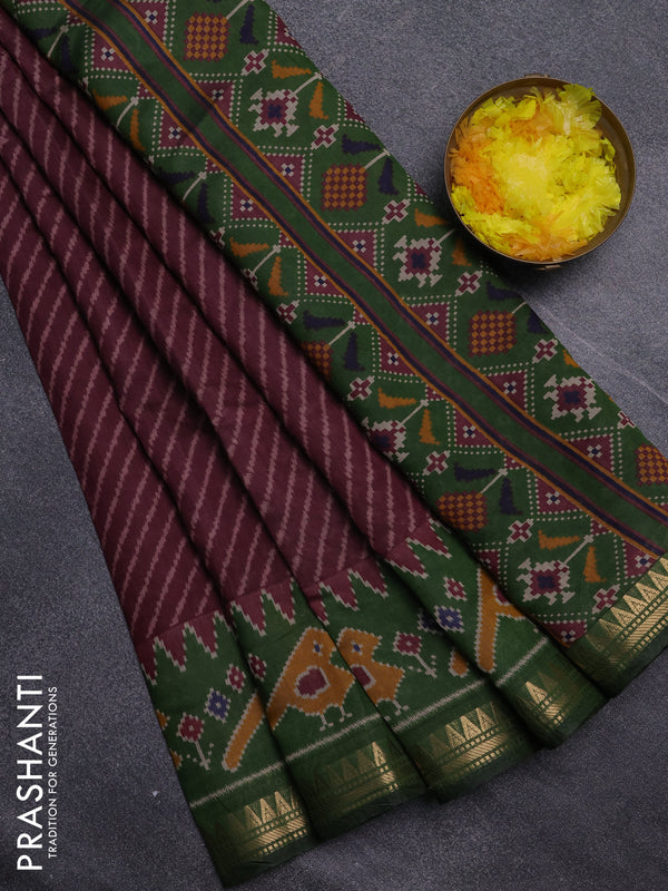 Semi maheswari cotton saree deep maroon and sap green with allover leheriya prints and zari woven border