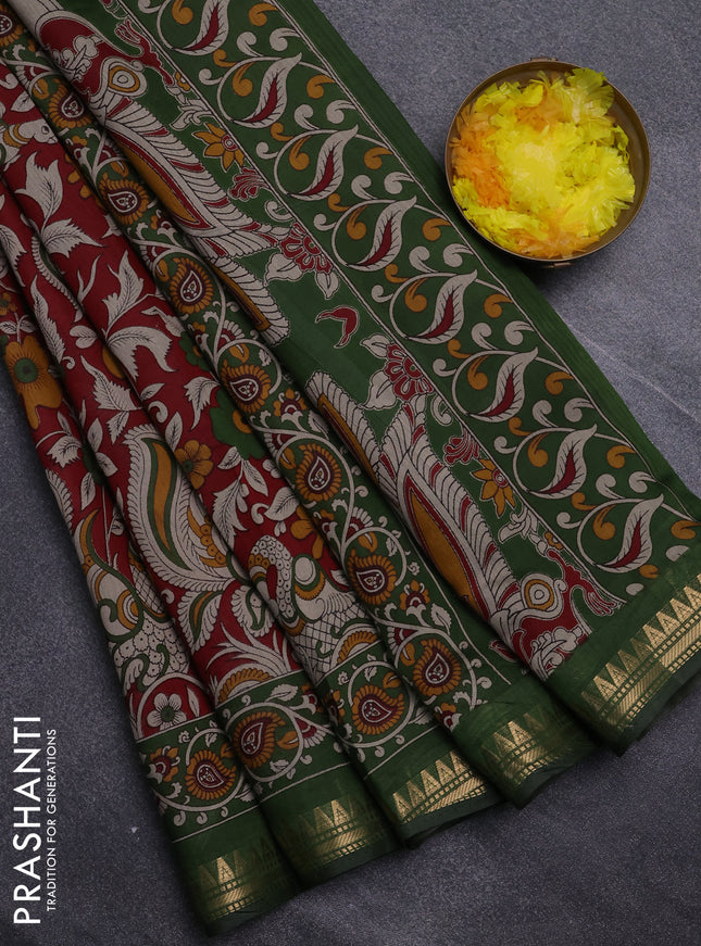 Semi maheswari cotton saree maroon and sap green with allover kalamkari prints and zari woven border
