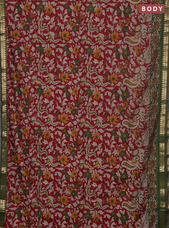 Semi maheswari cotton saree maroon and sap green with allover kalamkari prints and zari woven border