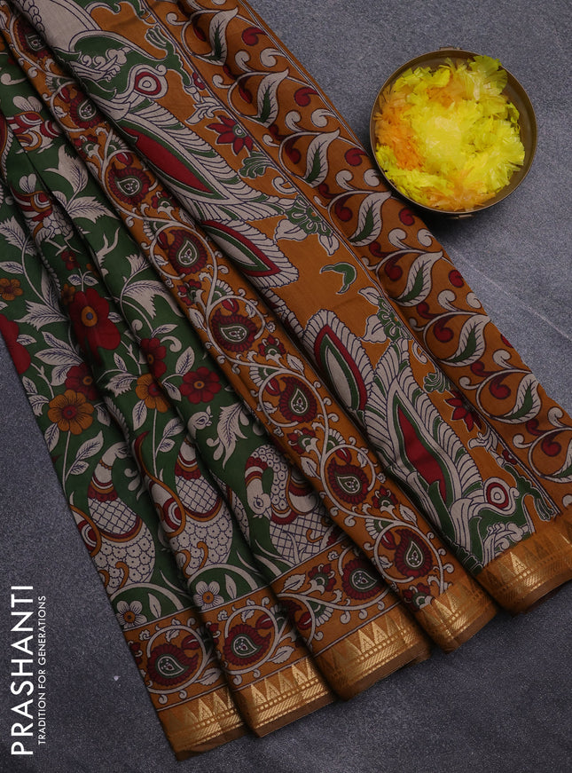 Semi maheswari cotton saree sap green and dark mustard with allover kalamkari prints and zari woven border