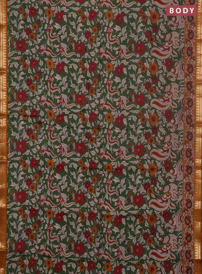 Semi maheswari cotton saree sap green and dark mustard with allover kalamkari prints and zari woven border