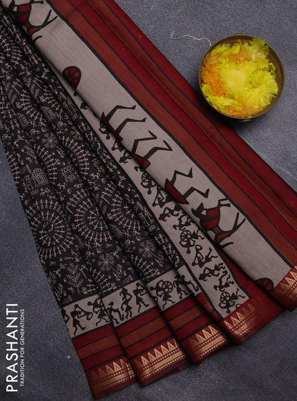 Semi maheswari cotton saree coffee brown and maroon with allover warli prints and zari woven border