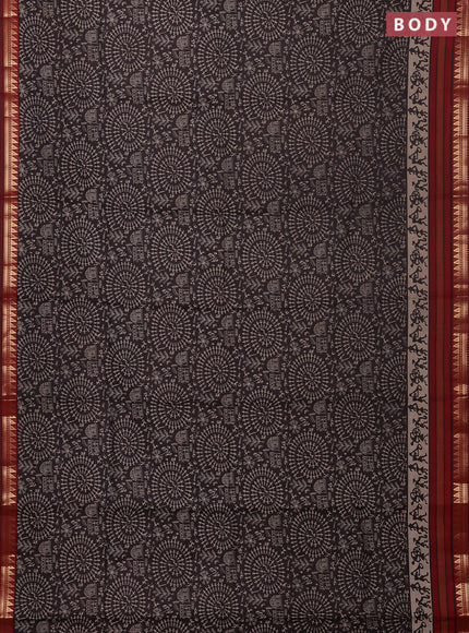 Semi maheswari cotton saree coffee brown and maroon with allover warli prints and zari woven border