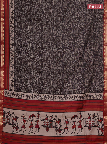 Semi maheswari cotton saree coffee brown and maroon with allover warli prints and zari woven border